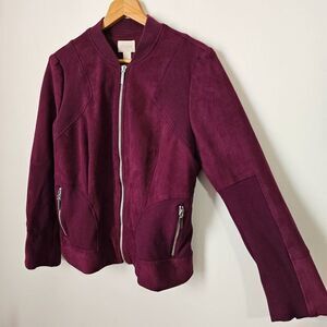 EUC CHICO'S SUEDE FEEL IMITATION LEATHER BOMBER JACKET WINE RED SIZE 1 / WMNS M